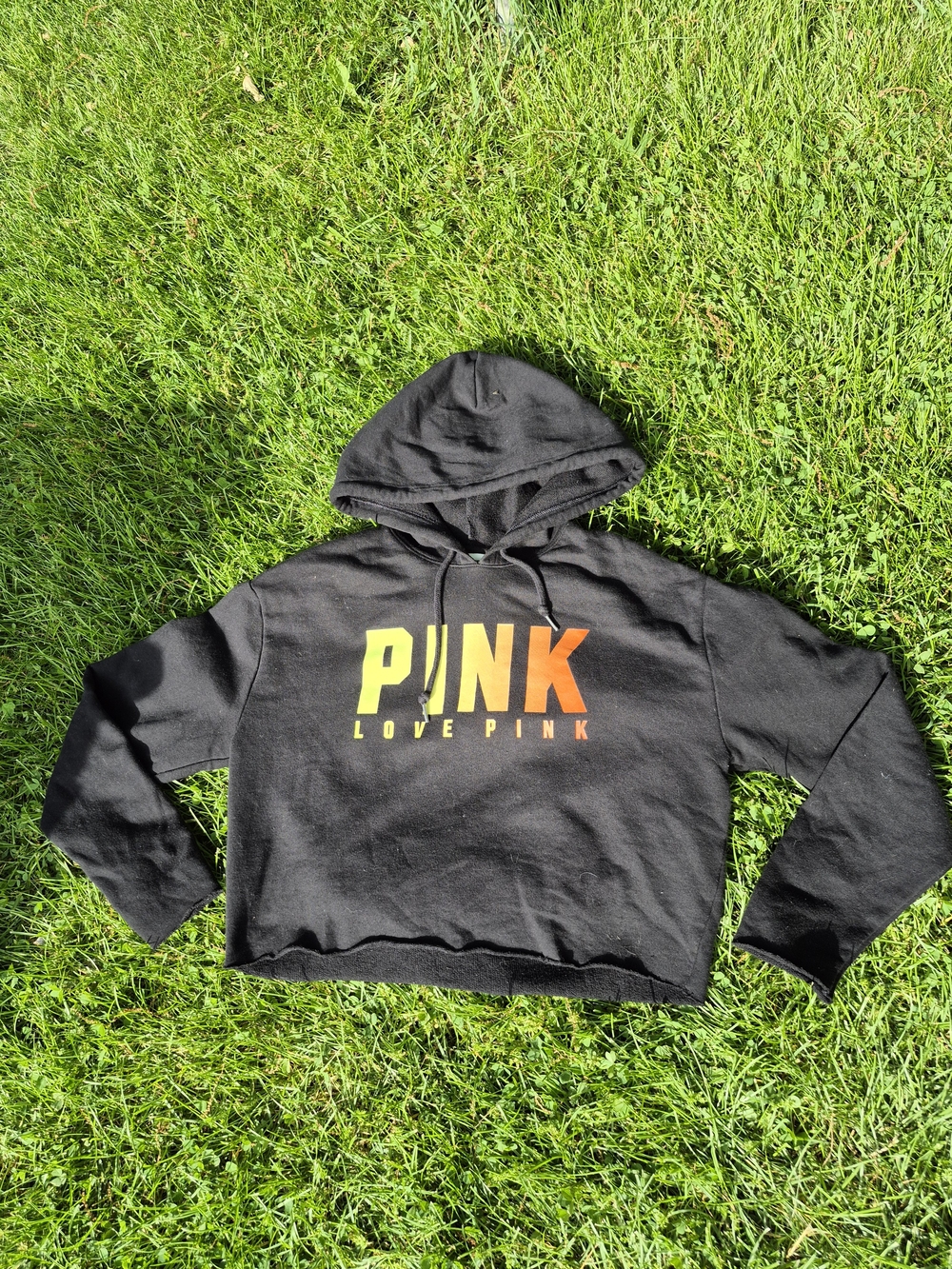 PINK Victoria's Secret Lightweight Raw Hem Crop Hoodie with Graphic Logo-S
